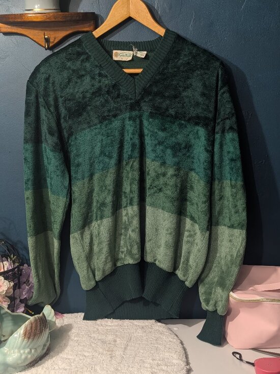 Gino paoli Sweaters - Vintage Gino Paoli Green Striped Chenille Knit Sweater V-Neck Large